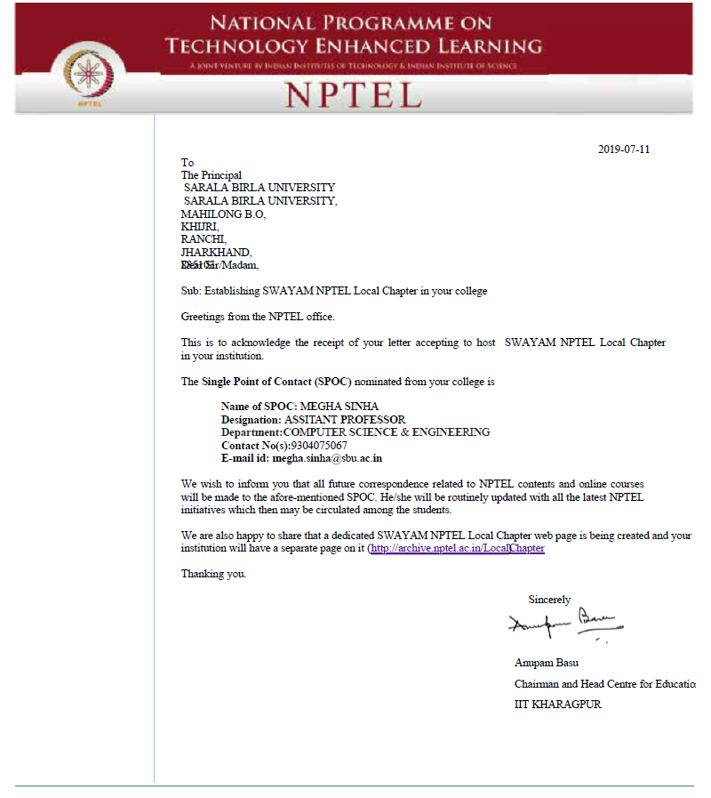 Document of Establishing SWAYAM NPTEL Local Chapter in Sarala Birla University